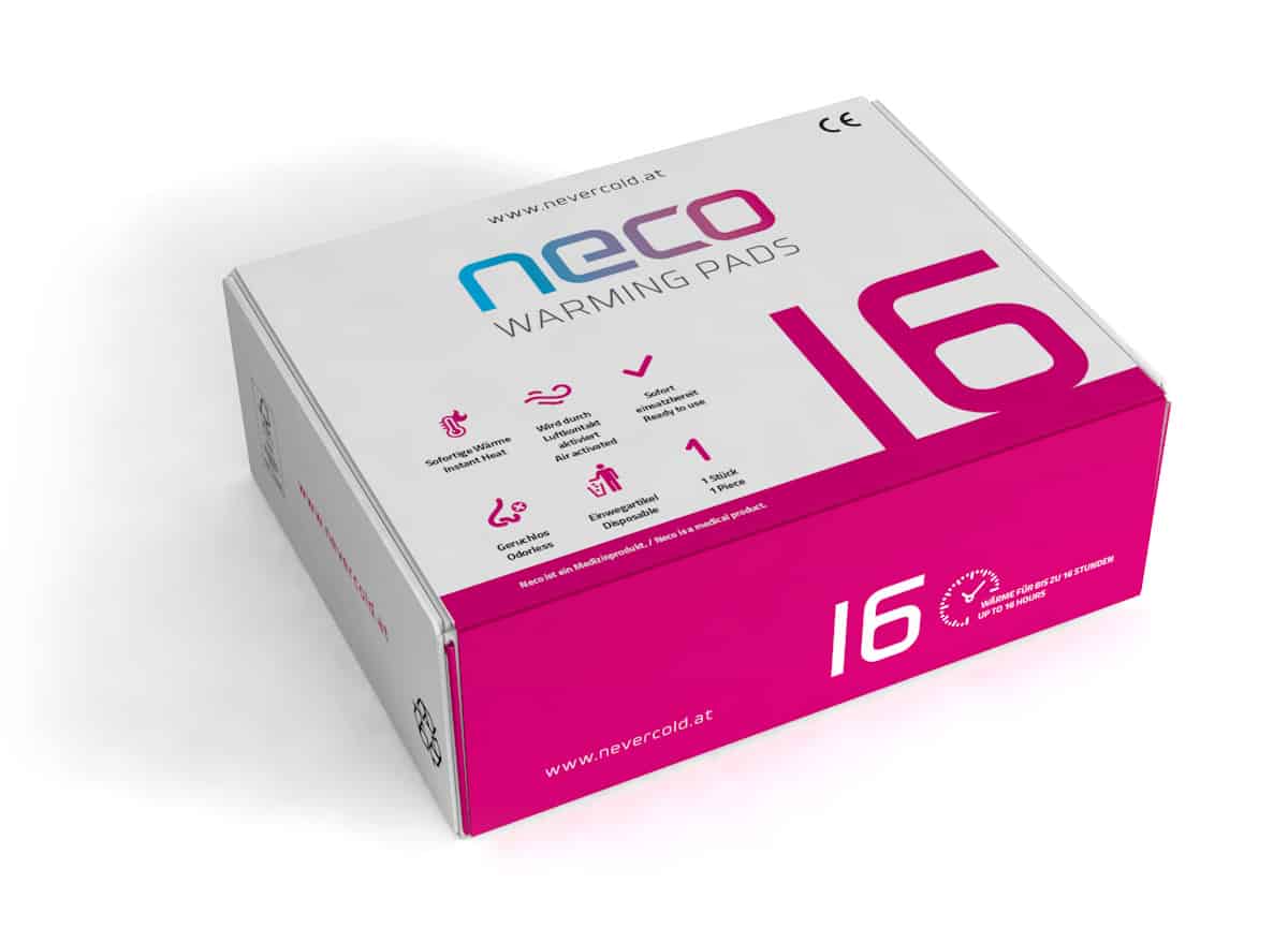 Die NECO warmingpads Verpackung beinhaltet 5 Wärmekissen und eine Anleitung